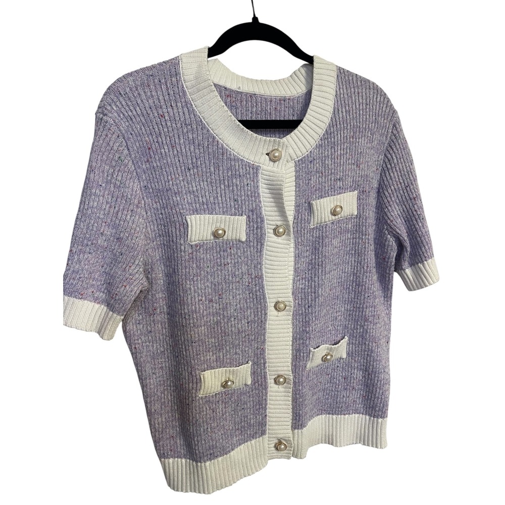 Womens Tweed Knit Cardigan Short Sleeve Pearl Button Chanel Style Preppy Top